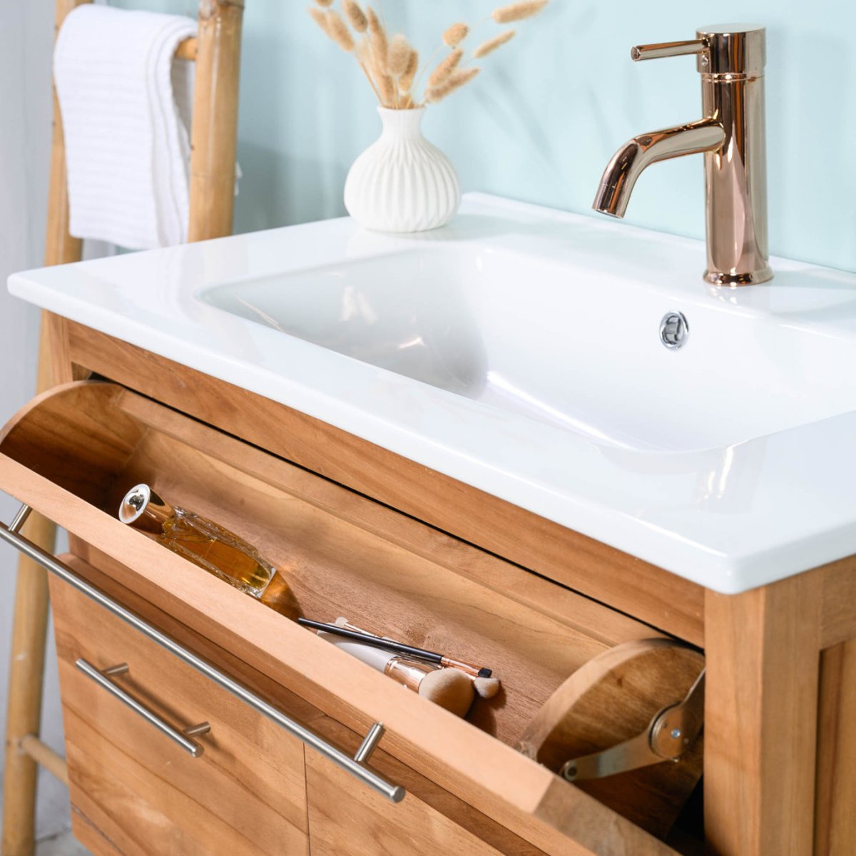 Meuble salle de bain en teck et céramique Bagster 80 cm crème, WANDA COLLECTION