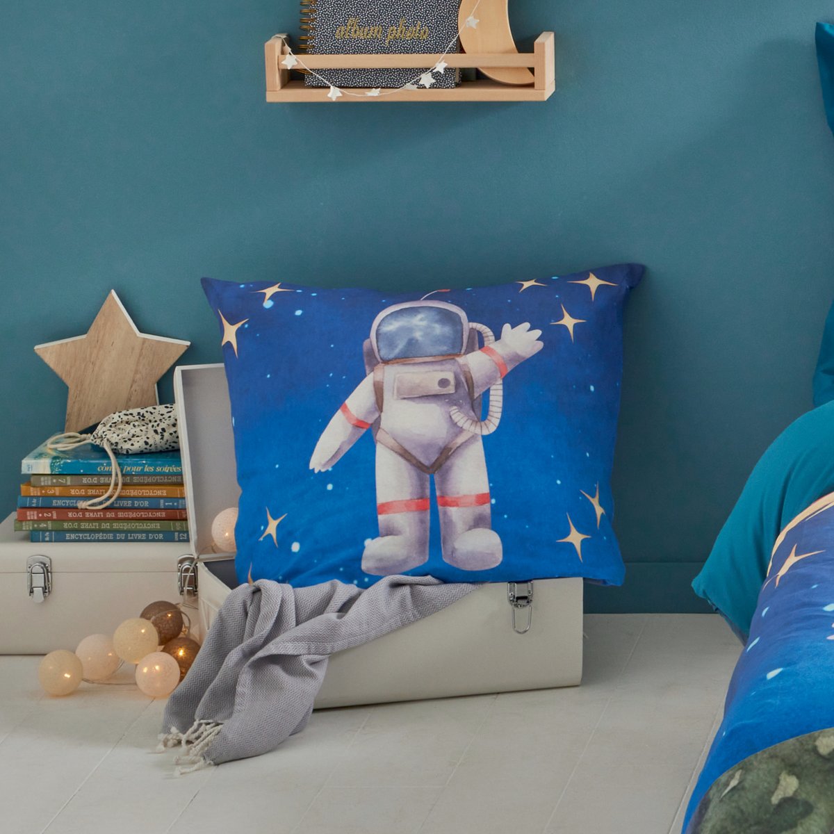 Taie d’oreiller enfant percale de coton astronaute et fusée bleu, TRADILINGE