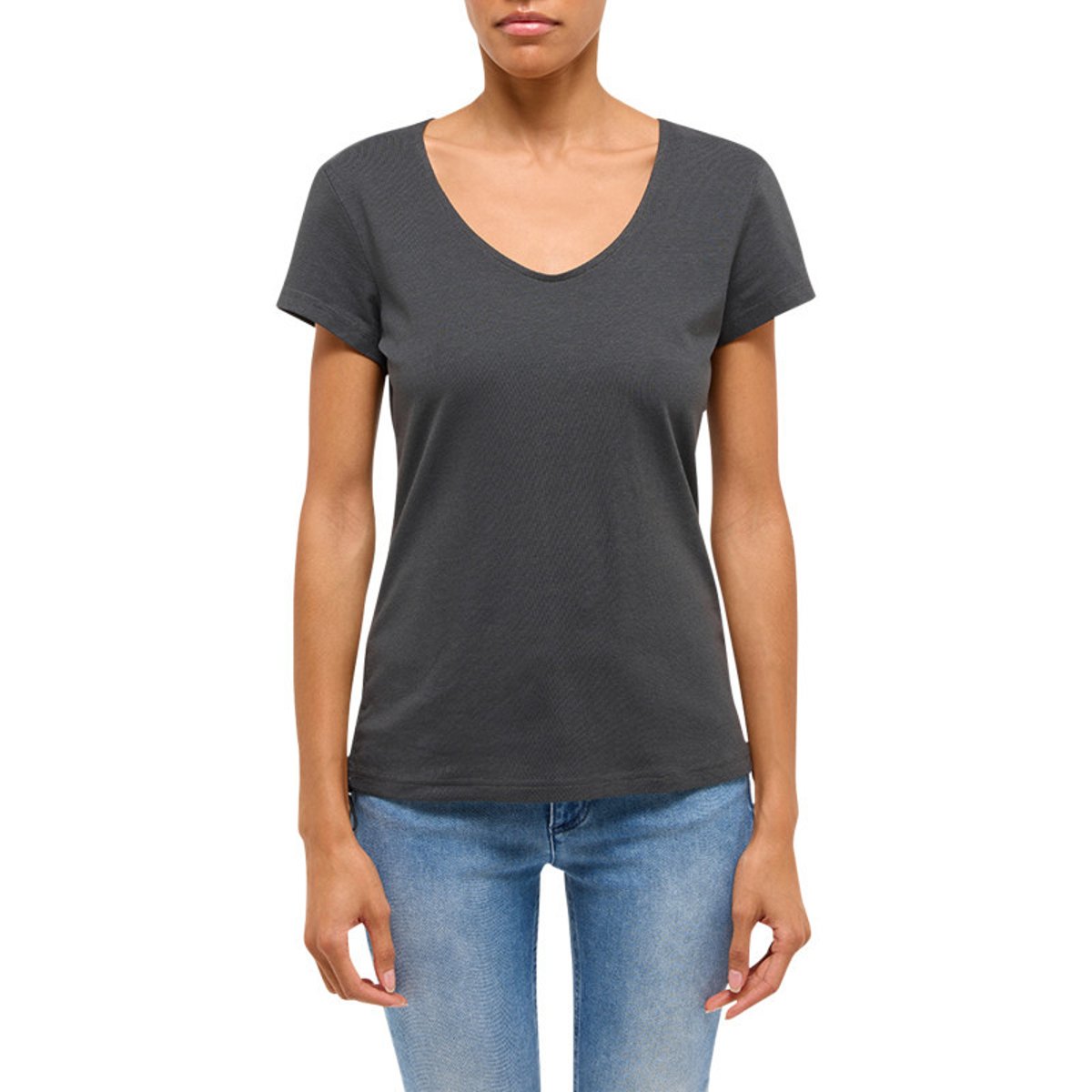 T-shirt gris anthracite uni avec un col v profond et des manches courtes gris foncé, MUSTANG