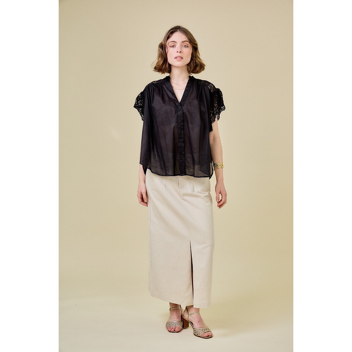 Blouse manches courtes avec dentelle noir, SEE U SOON