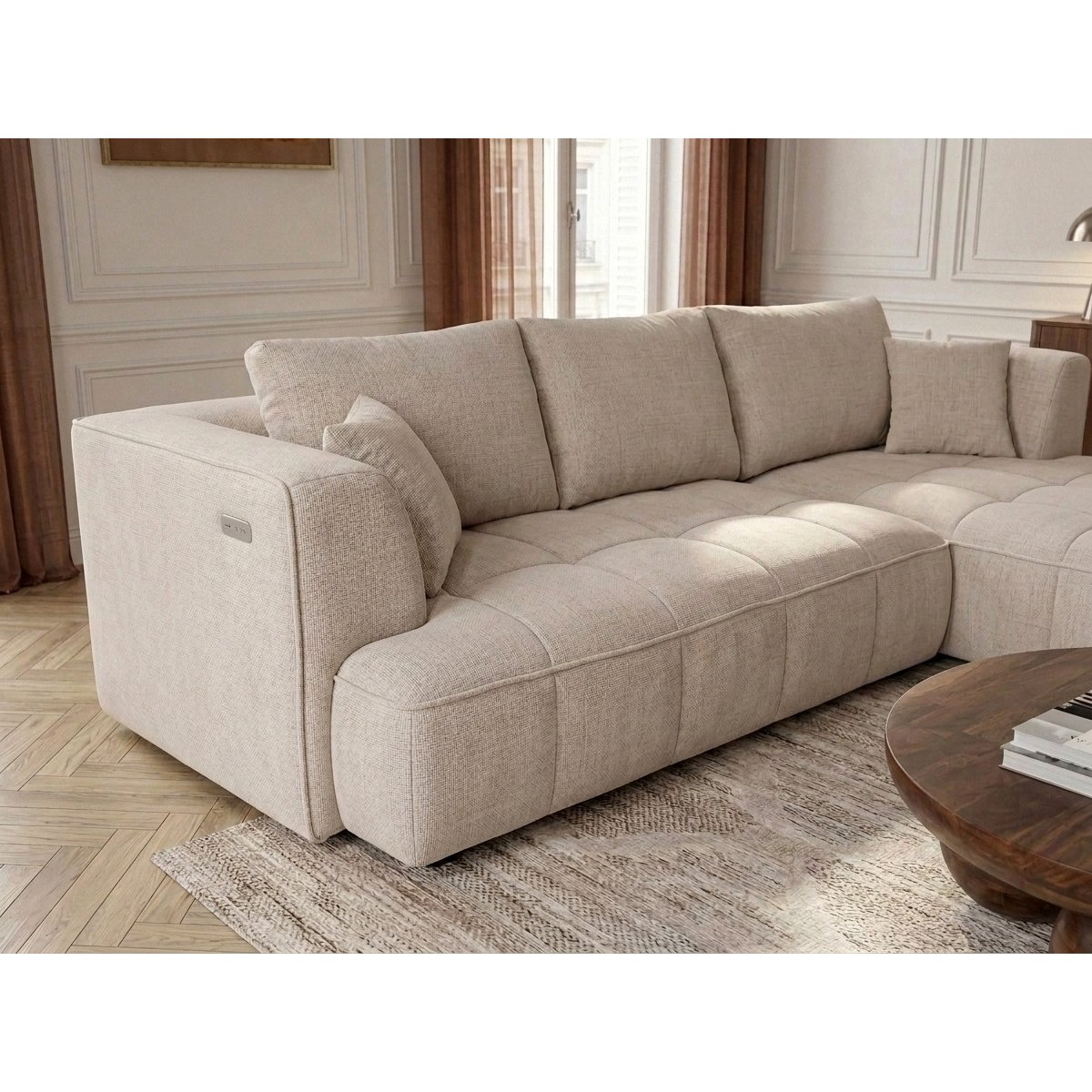 Canapé droit convertible 3 places en tissu lisse, CLOVIS beige, BOBOCHIC