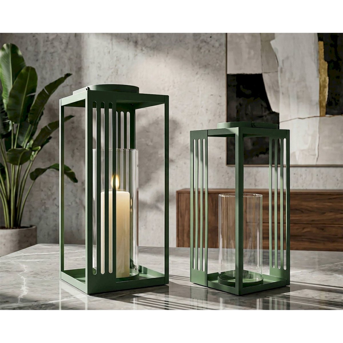 Lot de 2 lanternes en métal et verre vert, RECOLLECTION