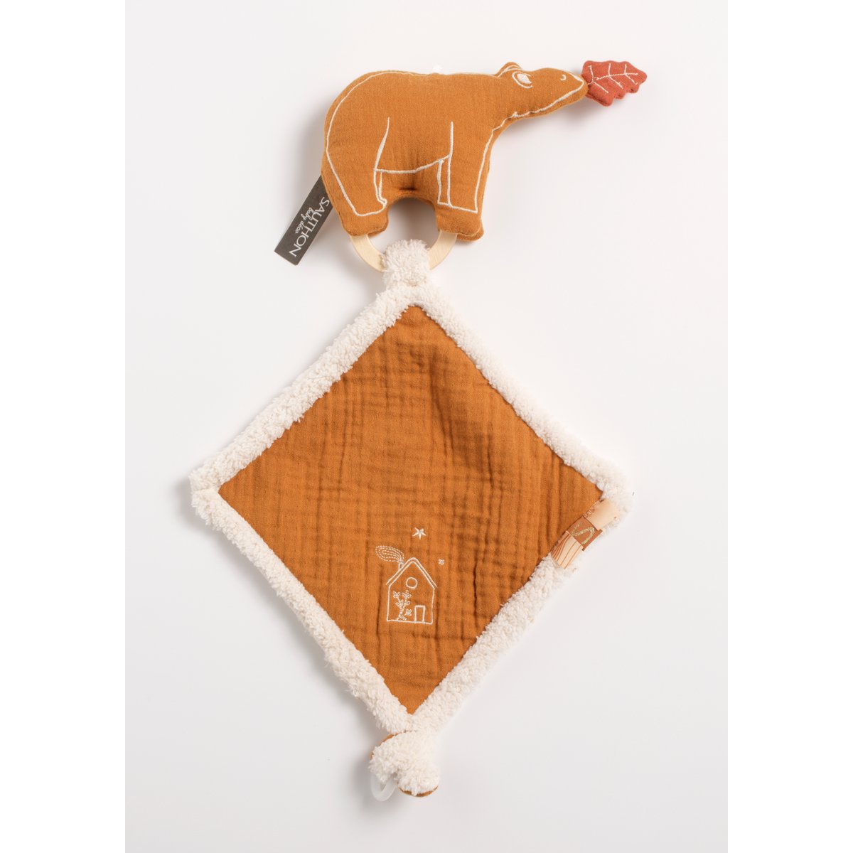 Doudou mouchoir ours en gaze de coton et bouclette marron, SAUTHON