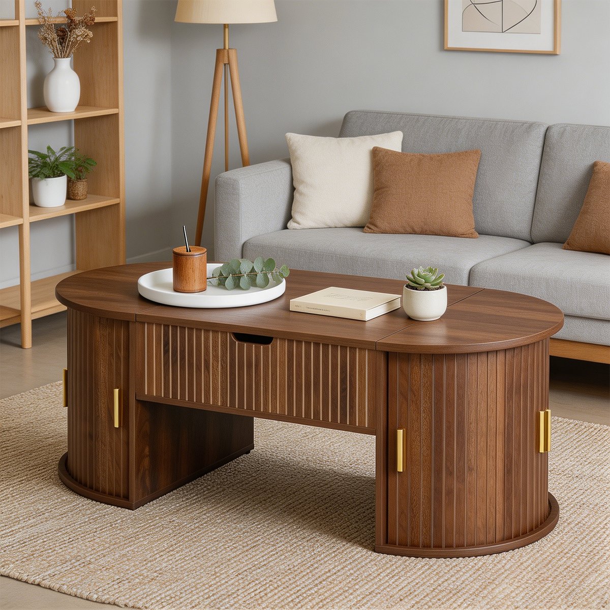 Table basse relevable ovale rangement, CHESTNUTB walnut, MEUBLES COSY