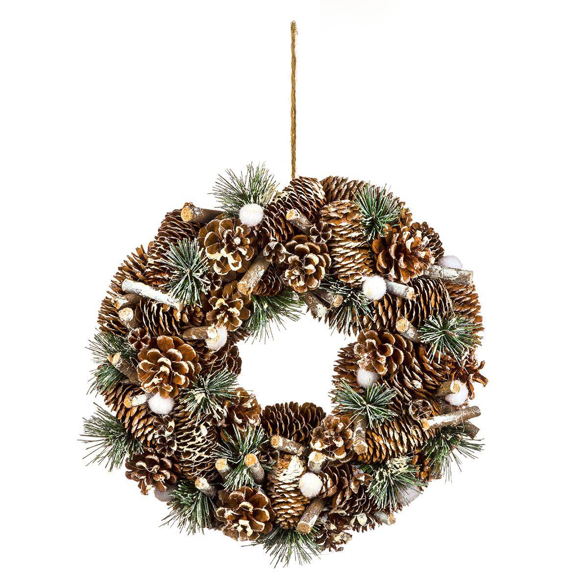 Couronne pommes de pin et branches pailletées 34 cm beige, FEERIC LIGHTS & CHRISTMAS