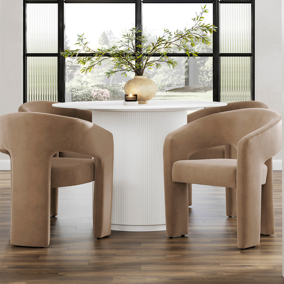 Yuki Round Marble Dining Table with Ribbed Pedestal Base neutral, ÉDITÉ