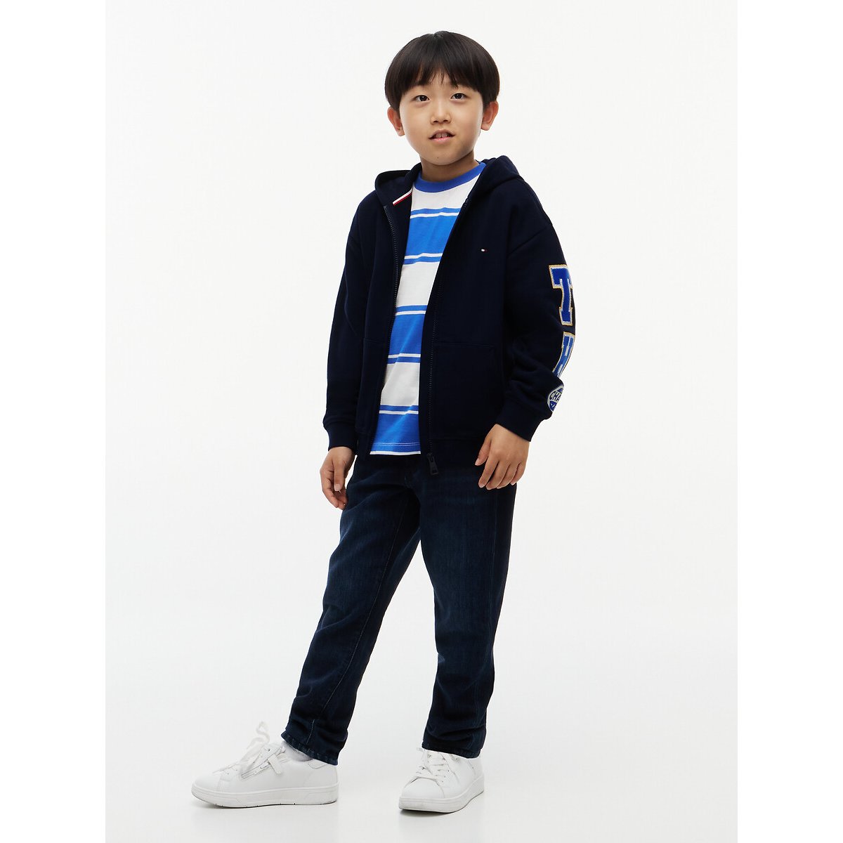 Felpa con cappuccio e cerniera, con scritta su una manica blu marino, TOMMY HILFIGER