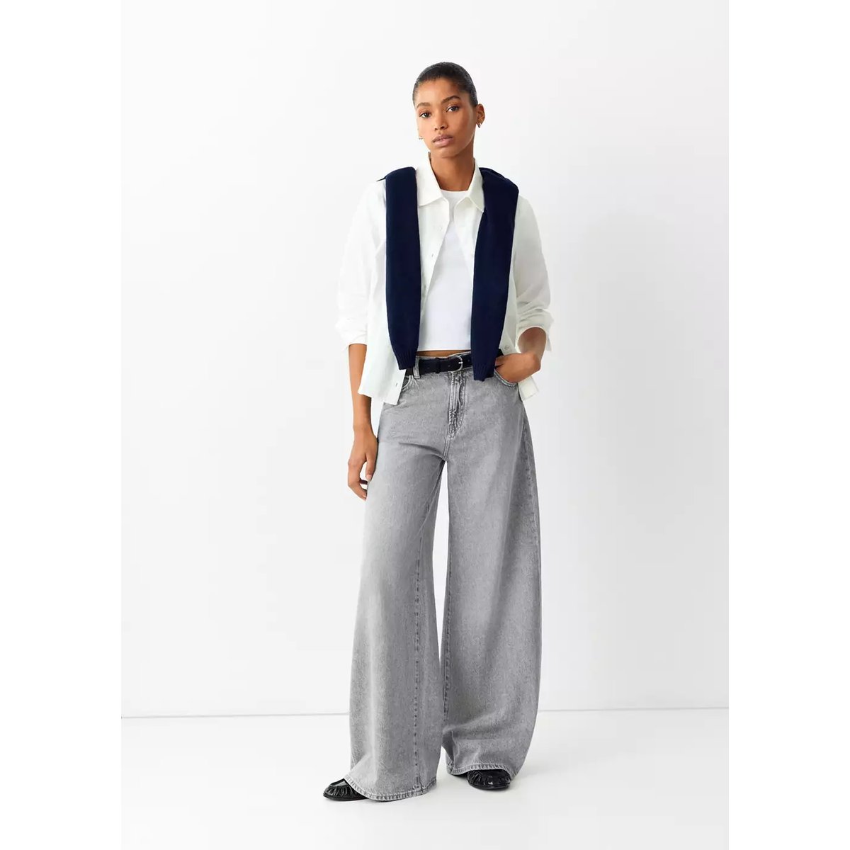 Jean high waist wide leg gris denim, MANGO TEEN