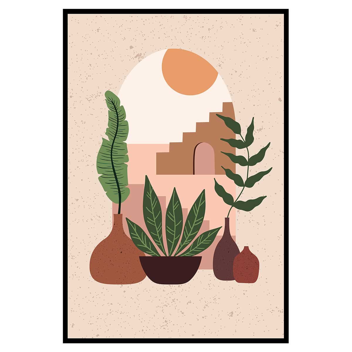 Affiche illustration plantes et architecture abstraite moderne affiche + cadre en métal - noir, HEXOA