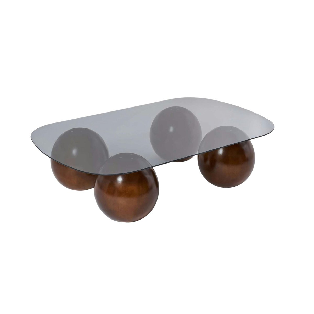 Table basse en verre bords arrondis, pieds boule KOCHI verre fumé, PIER IMPORT
