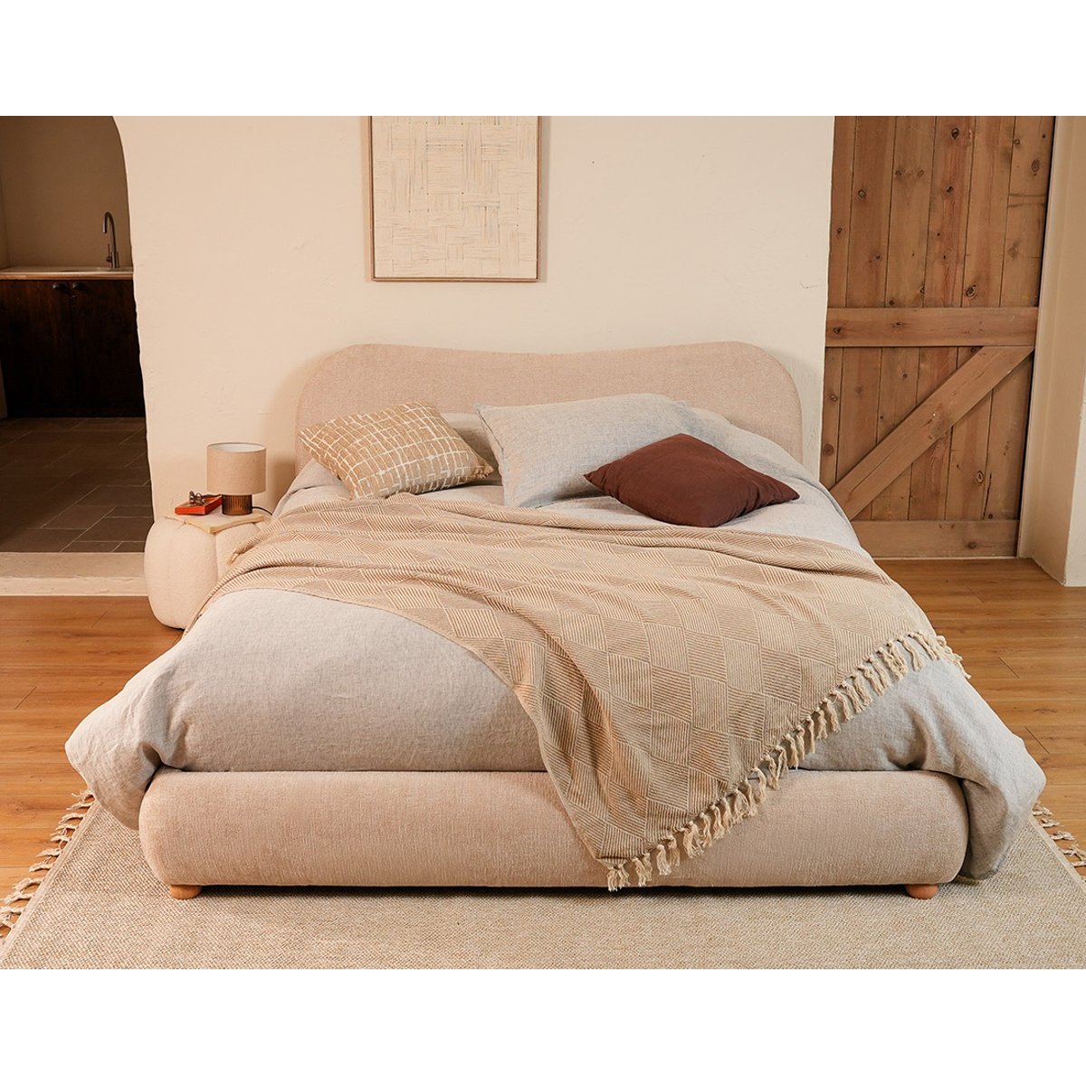 Lit coffre 160x200 cm en velours texturé, HUGO beige, BEST MOBILIER
