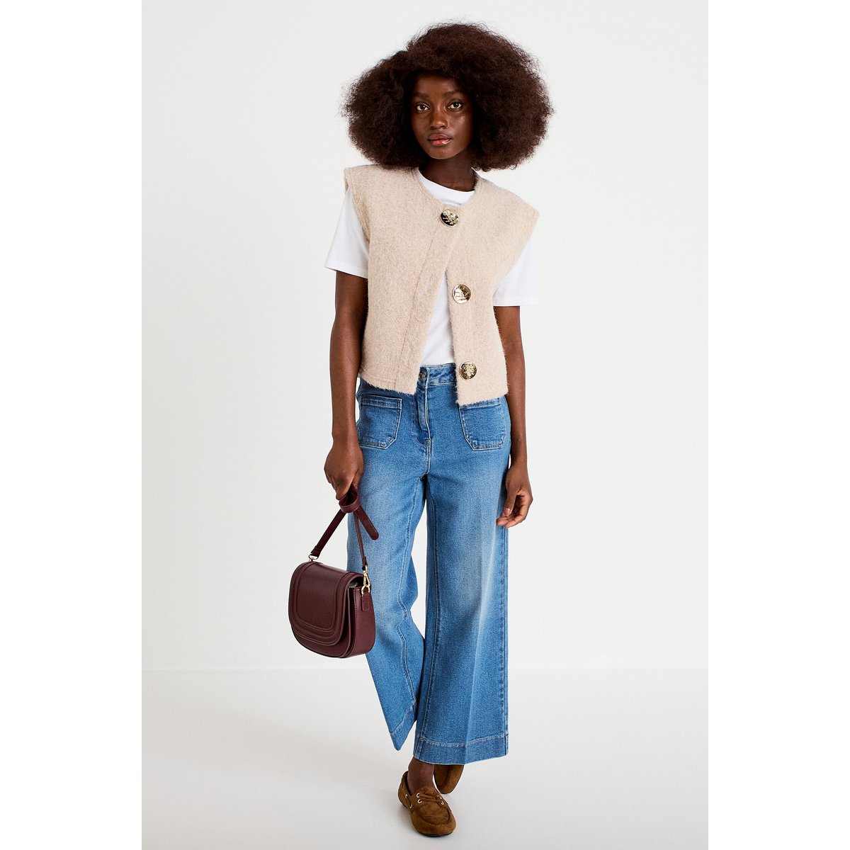 Jean wide leg cropped taille haute denim double stone, CACHE CACHE
