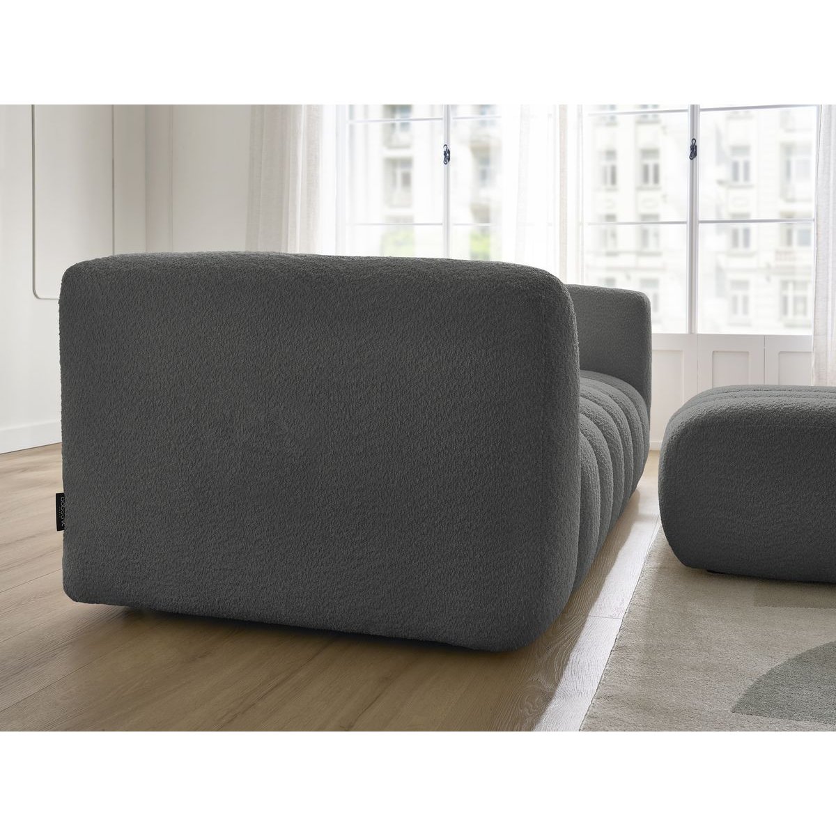 Canapé droit fixe 3 places en tissu bouclette avec pouf, TALIA gris foncé, BOBOCHIC