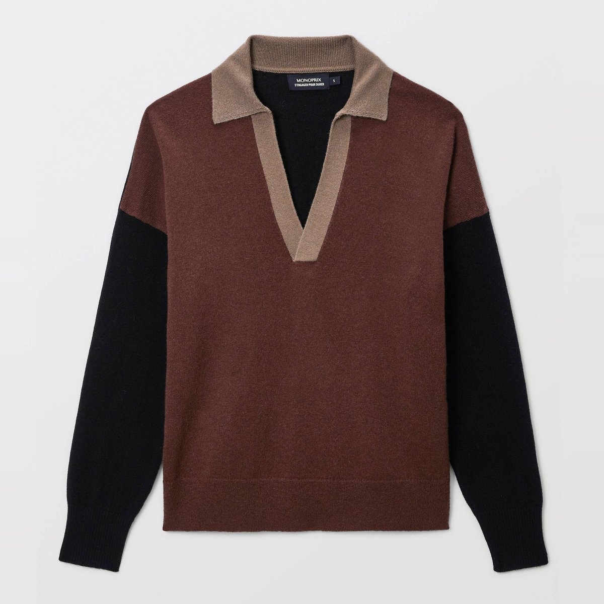 Pull col polo contrasté contenant de la laine et du cachemire pudding, MONOPRIX