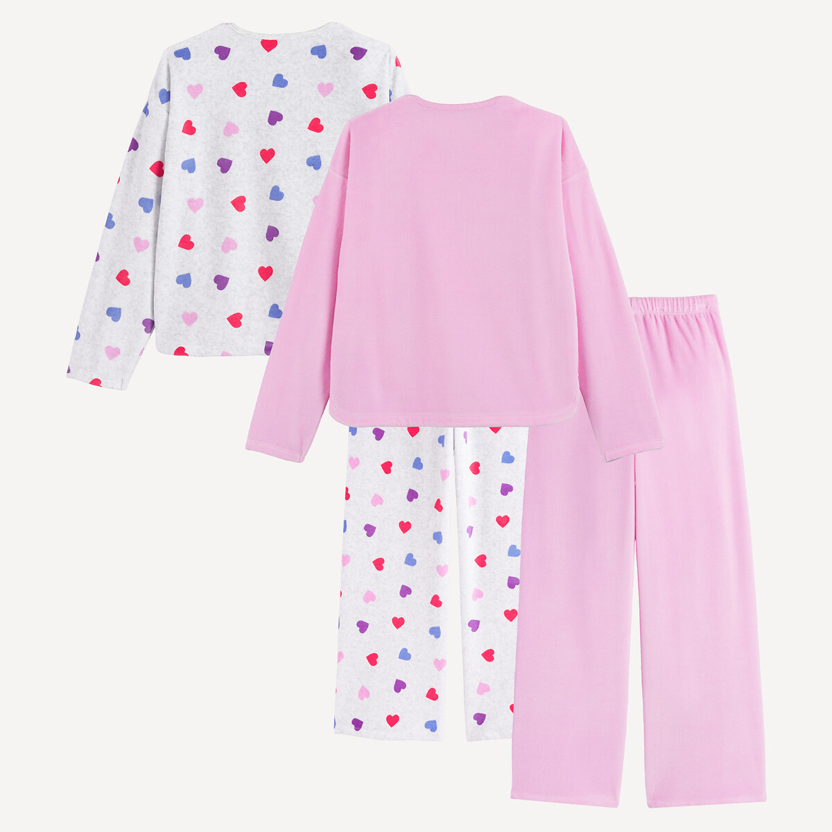 Lote de 2 pijamas de terciopelo, estampado de corazones rosa + gris jaspeado, LA REDOUTE COLLECTIONS