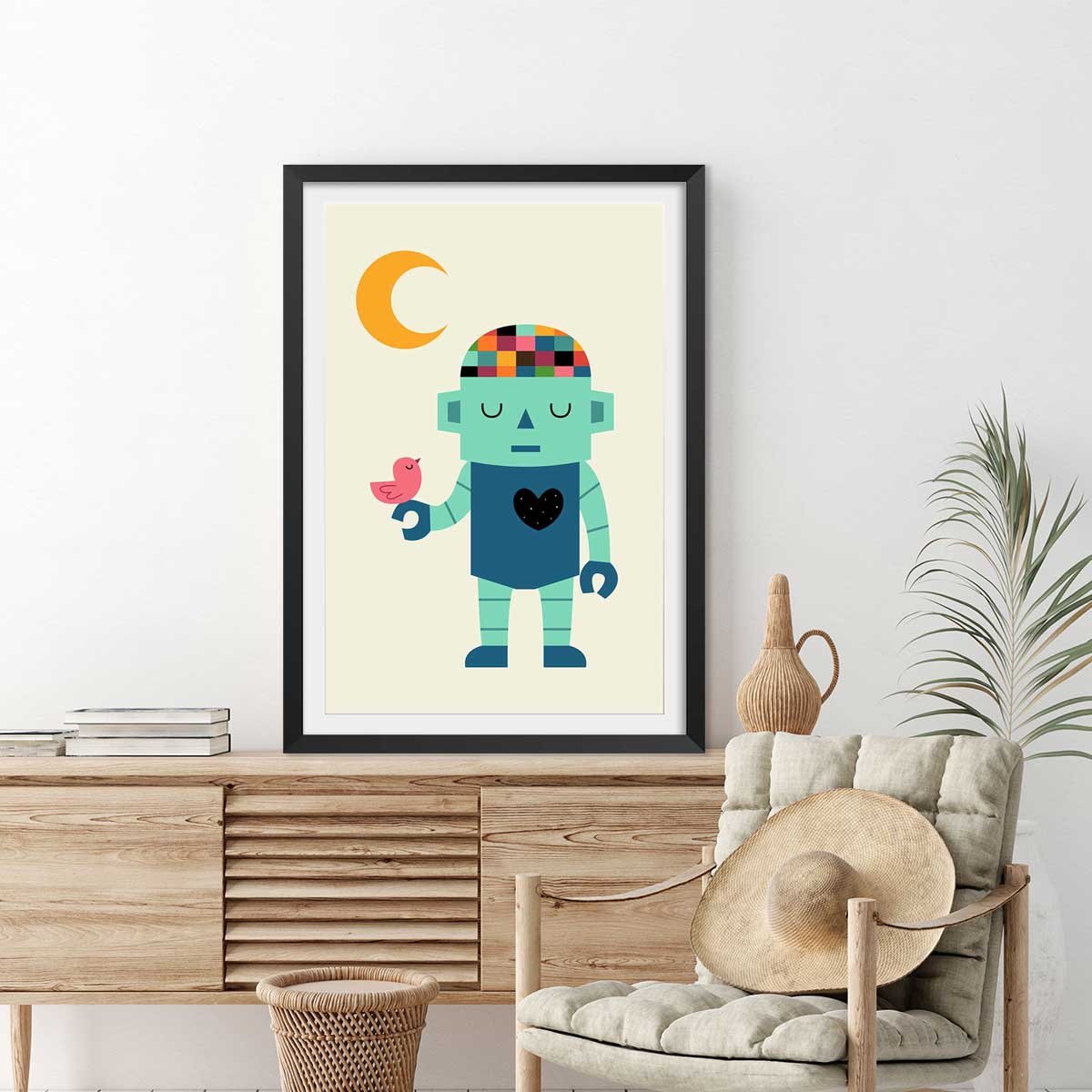 Affiche coeur de robot affiche + cadre en bois - noir, HEXOA