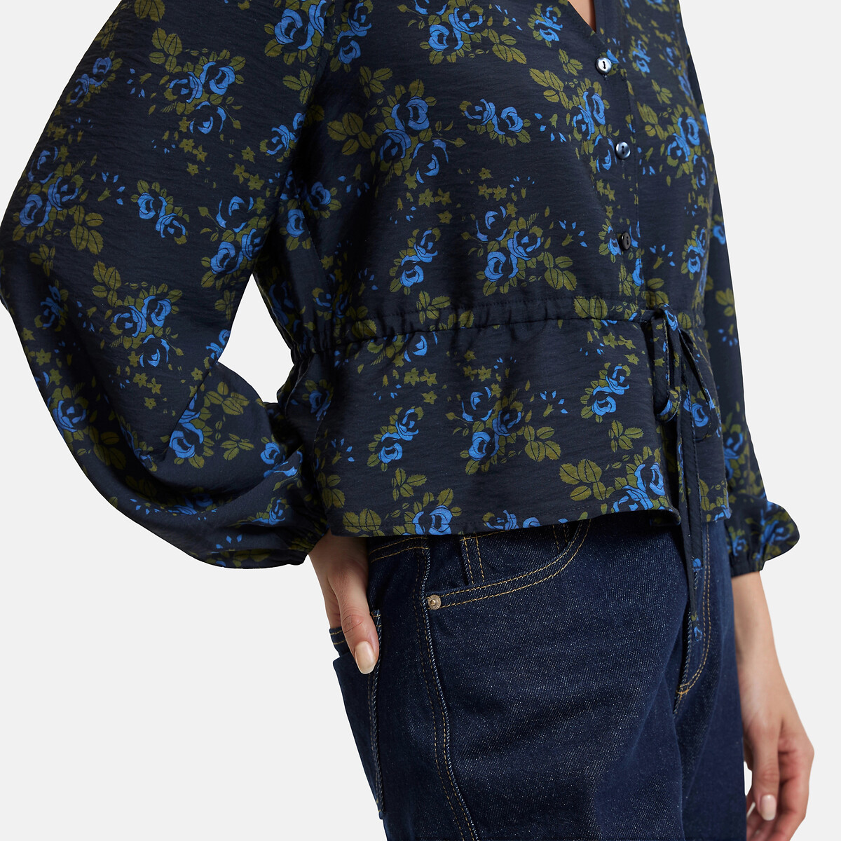 Floral Print Long Sleeve V-Neck Blouse floral print/navy background, LA REDOUTE COLLECTIONS