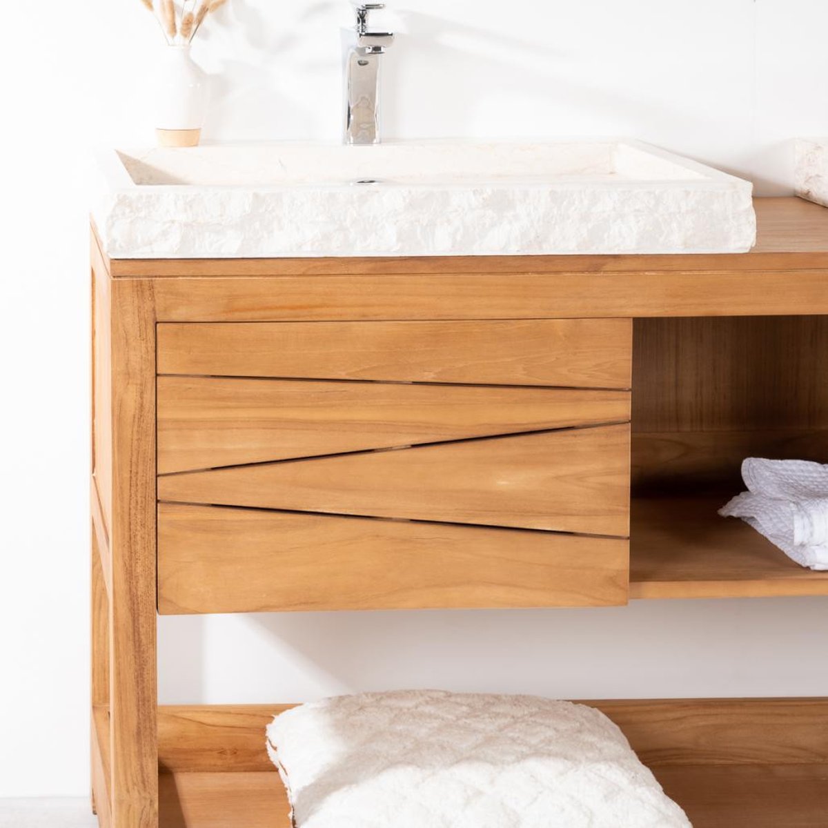 Meuble double en teck massif rectangle + 2 vasques 160cm COSY crème, WANDA COLLECTION