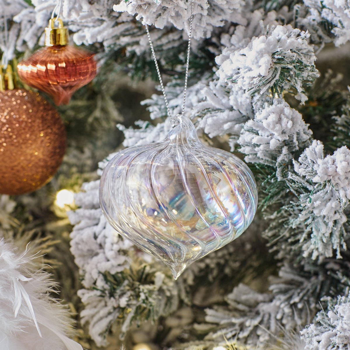 Boule forme goutte irisée 8 cm verre transparent, FEERIC LIGHTS & CHRISTMAS