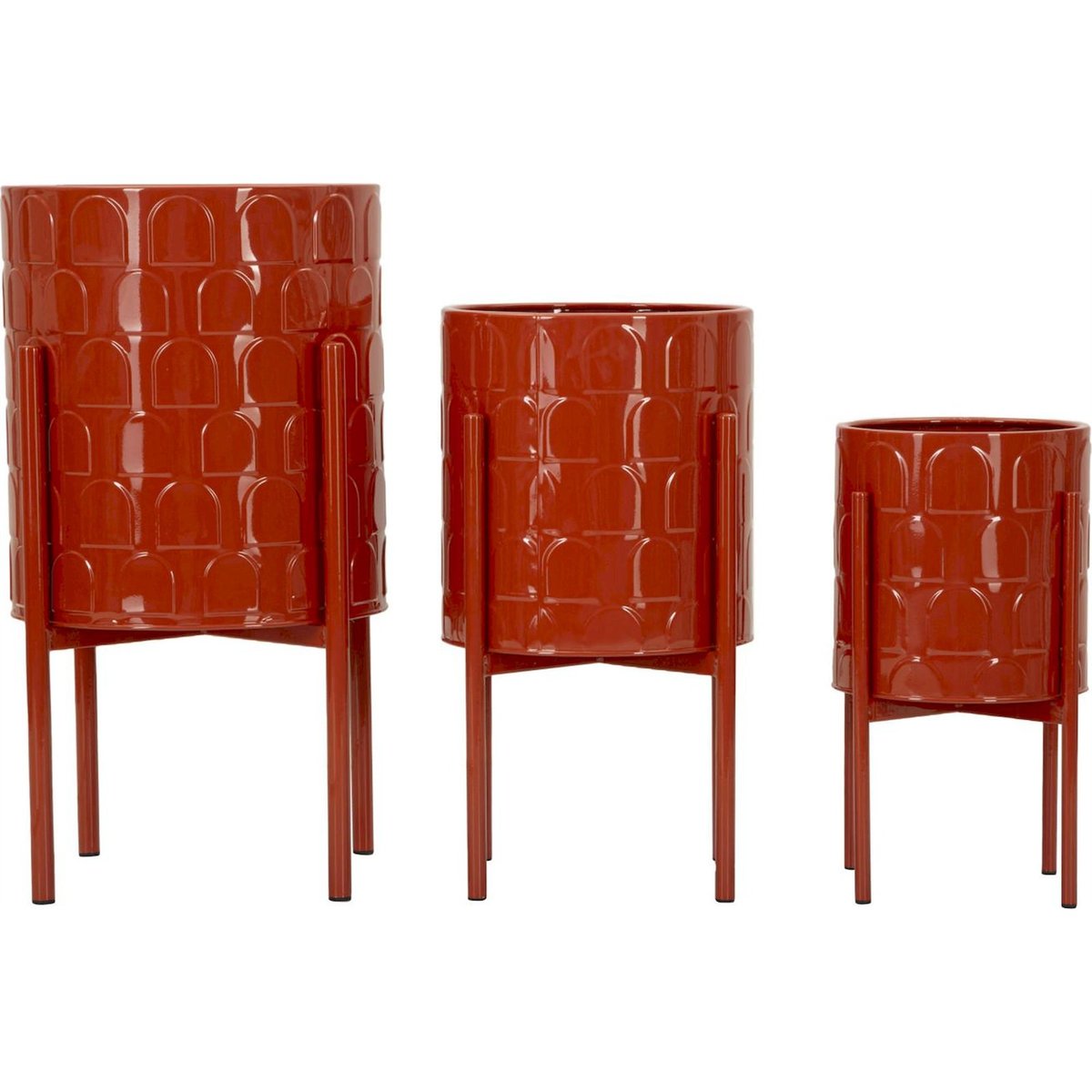 Cache-pots en fer motif arches sur pieds lot de 3 rouge brillant, RECOLLECTION