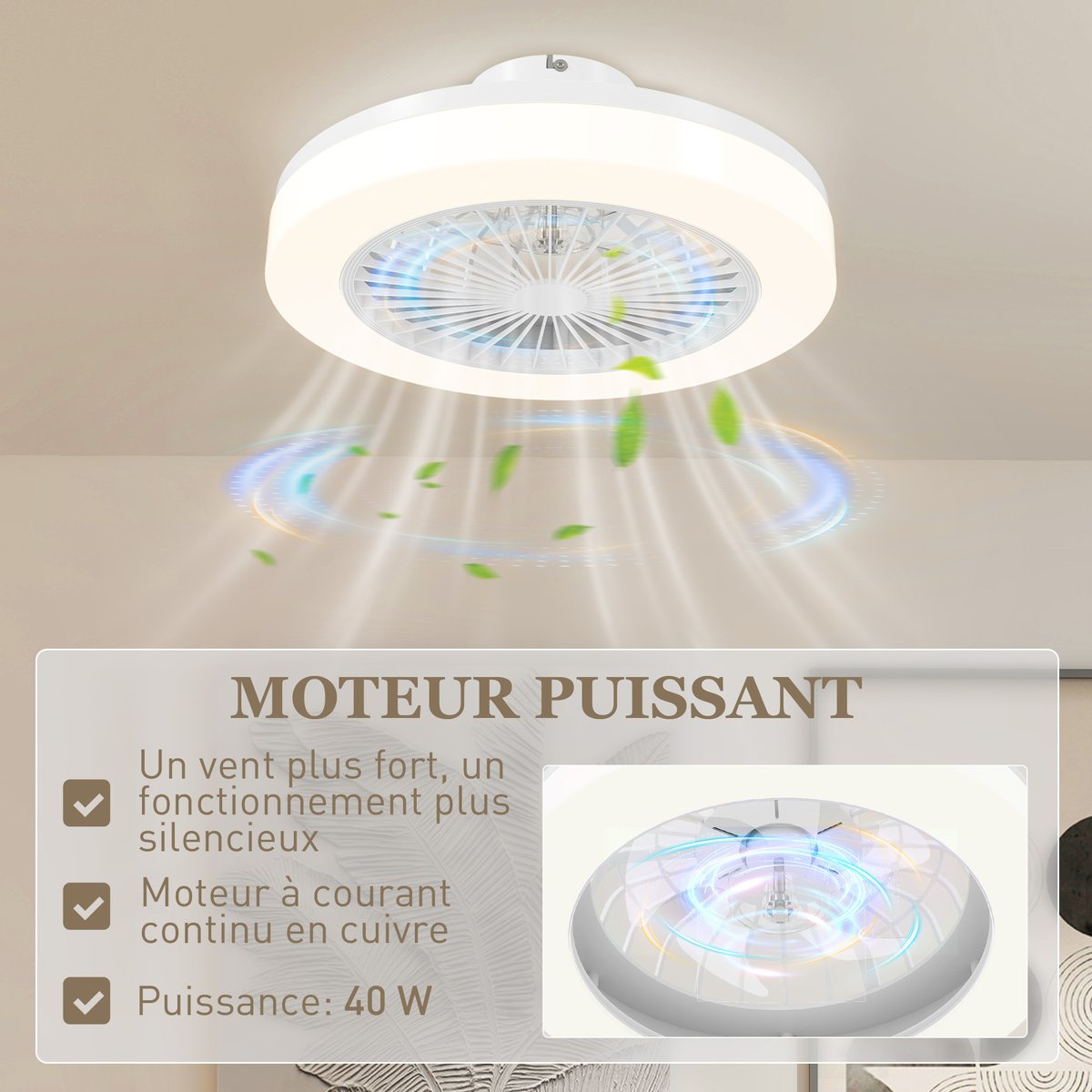 Ventilateur de plafond avec éclairage blanc, HOMCOM