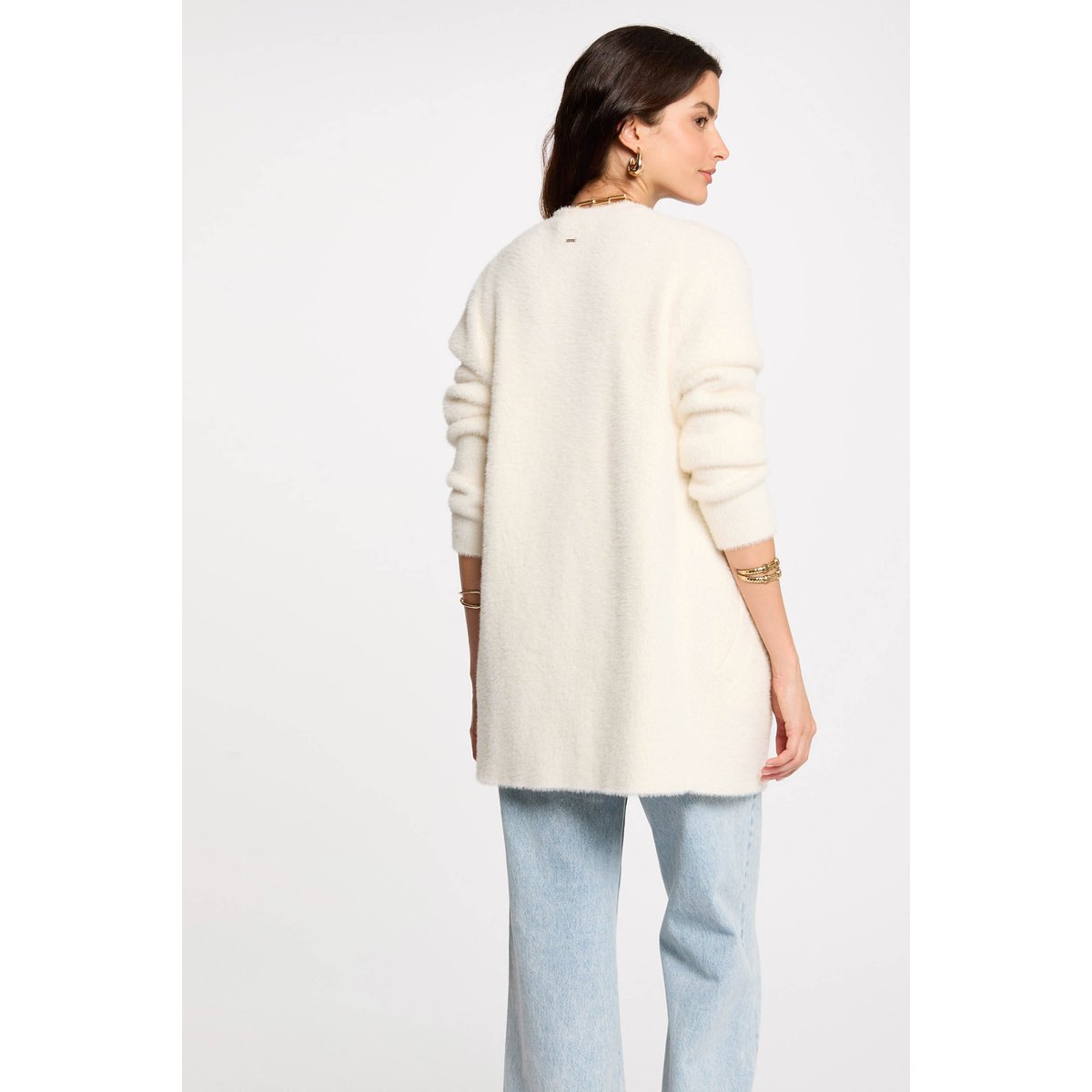 Gilet long maille duveteuse ivoire, MORGAN