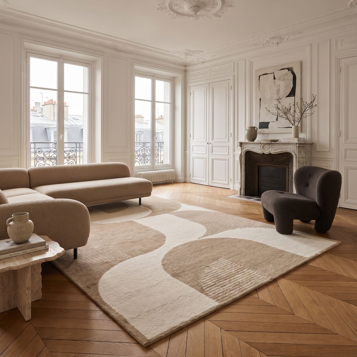 Tapis à reliefs doux à relief géométrique DESIGN OPTIQUE beige, THE DECO FACTORY