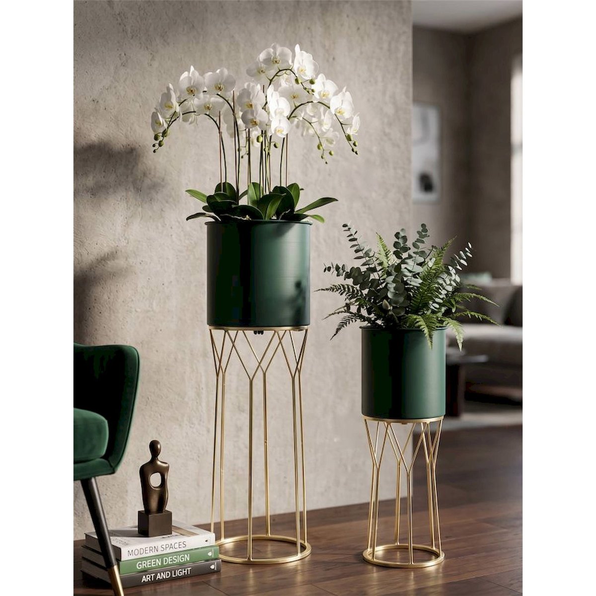 Lot de 2 cache-pots sur pied en fer GLAM vert et or, RECOLLECTION