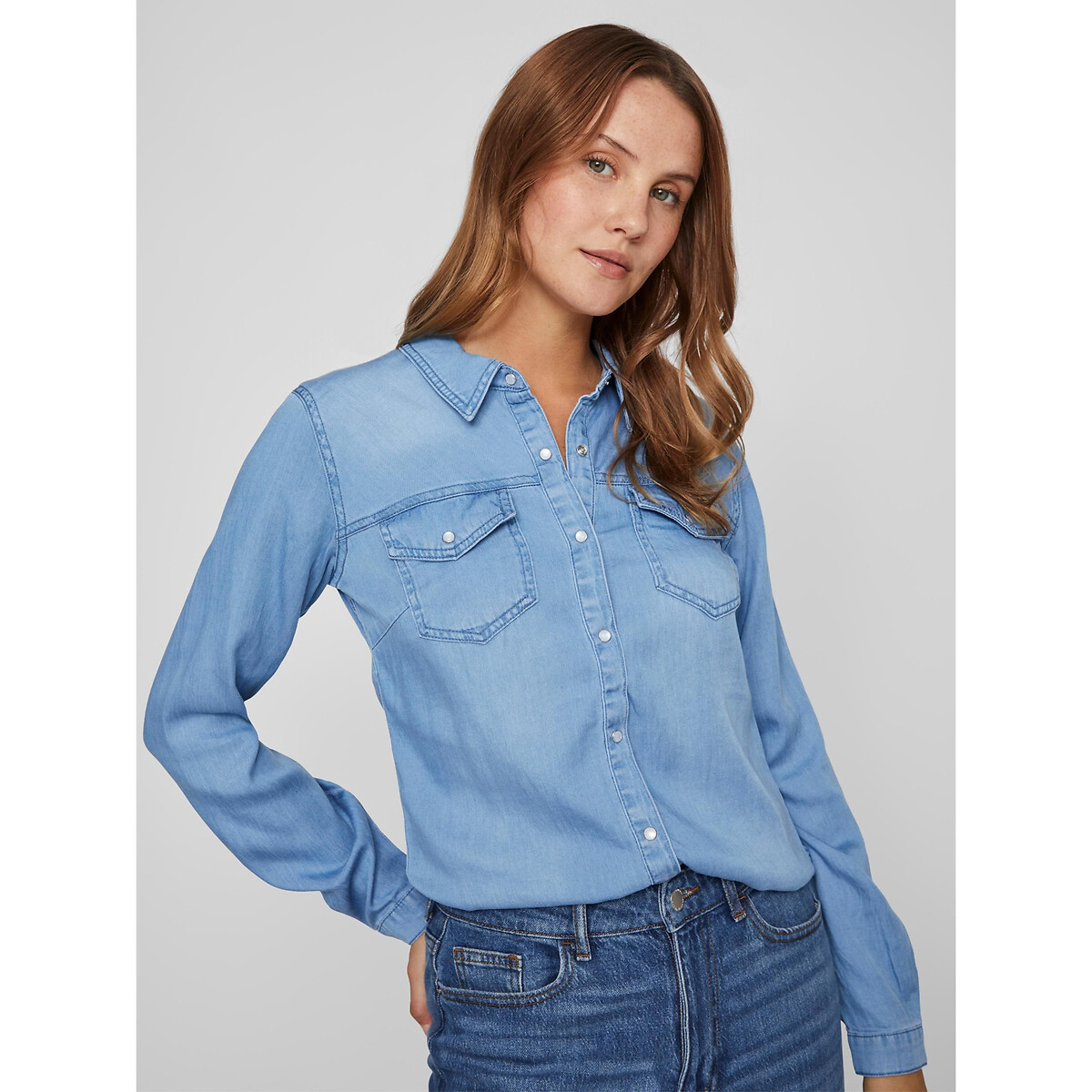 Chemise cintrée, manches longues bleu denim, VILA