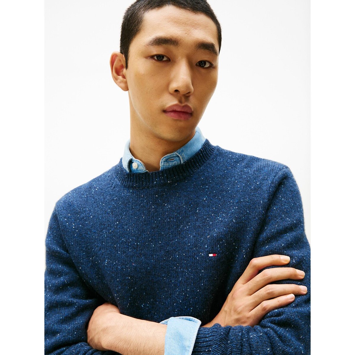 Pull en laine moucheté bleu marine, TOMMY HILFIGER