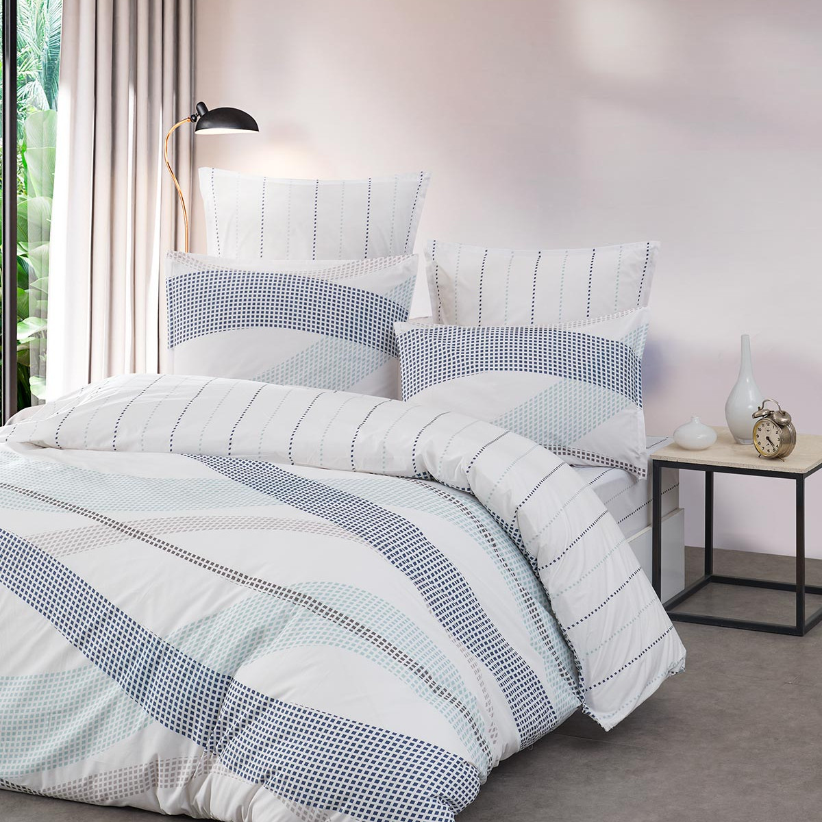 Lot de 2 taies d'oreillers en percale de coton GABRIEL indigo, SENSEI MAISON
