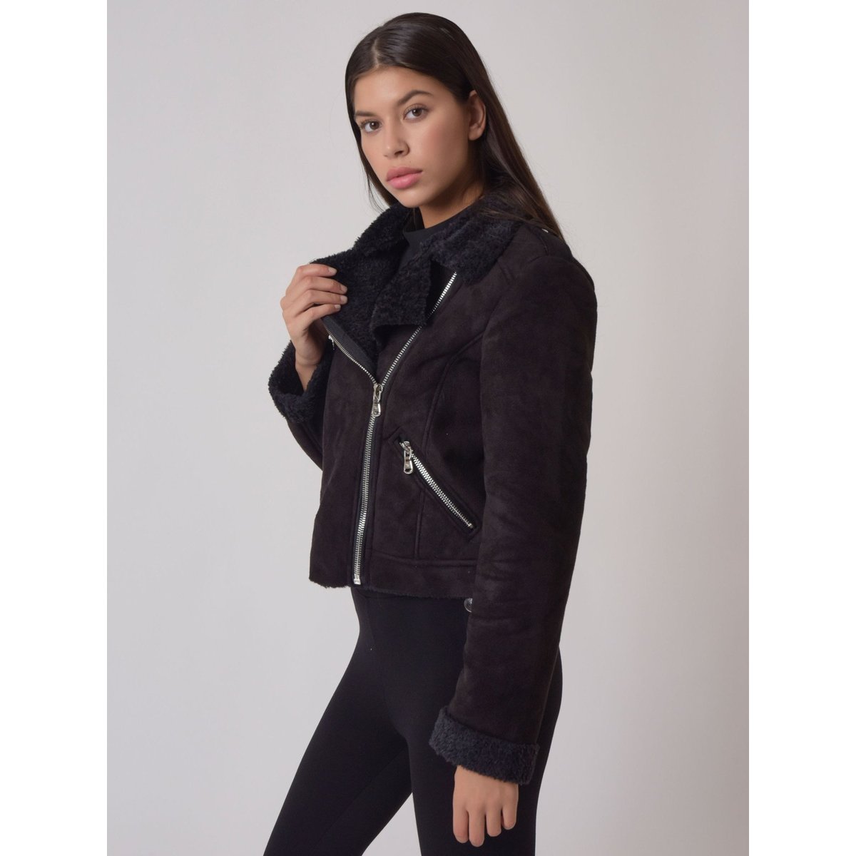 Perfecto en daim doublure imitation peau de mouton noir, PROJECT X