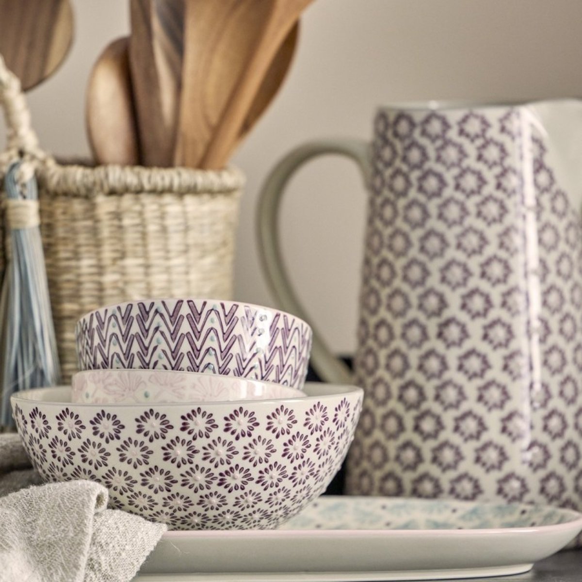 Bol grès floral géométrique MAYA set de 3 multicolore, BLOOMINGVILLE