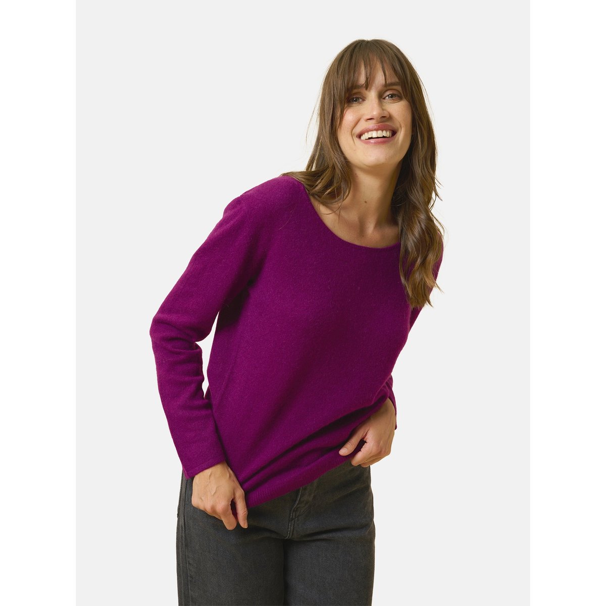 Pull Col Bateau Prune Fiona violet foncé, JUST CASHMERE