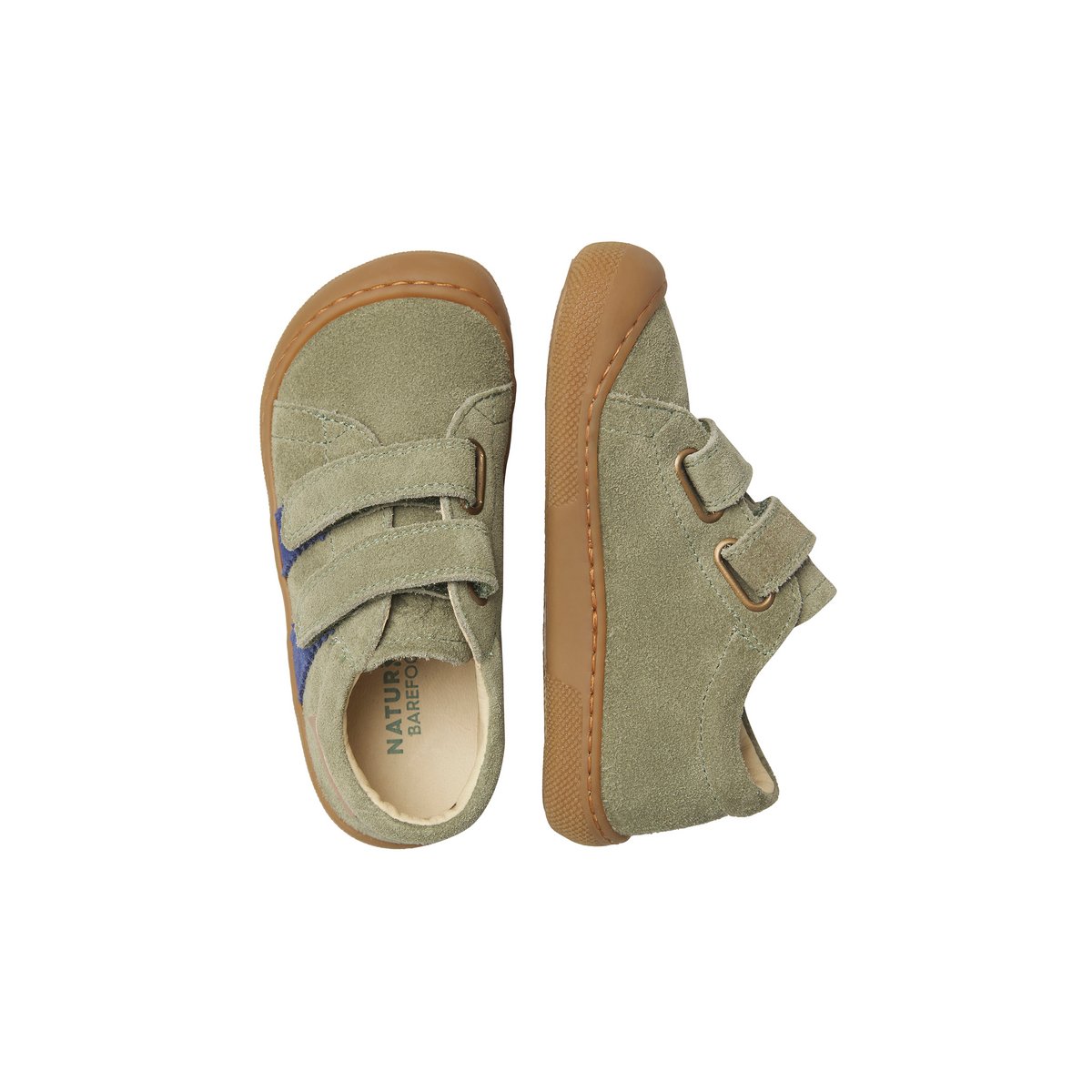 Chaussures premiers pas en suède BAREFOOT BISY VL vert olive-bleu, NATURINO