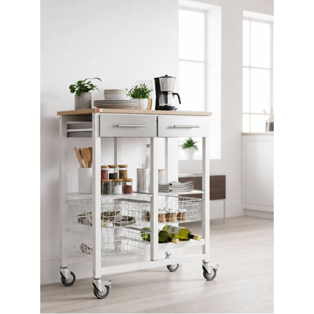 Chariot de cuisine ONDA DOBLE, Chariot métallique double avec 3 paniers, 2 tiroirs, porte-bouteilles blanc, DON HIERRO