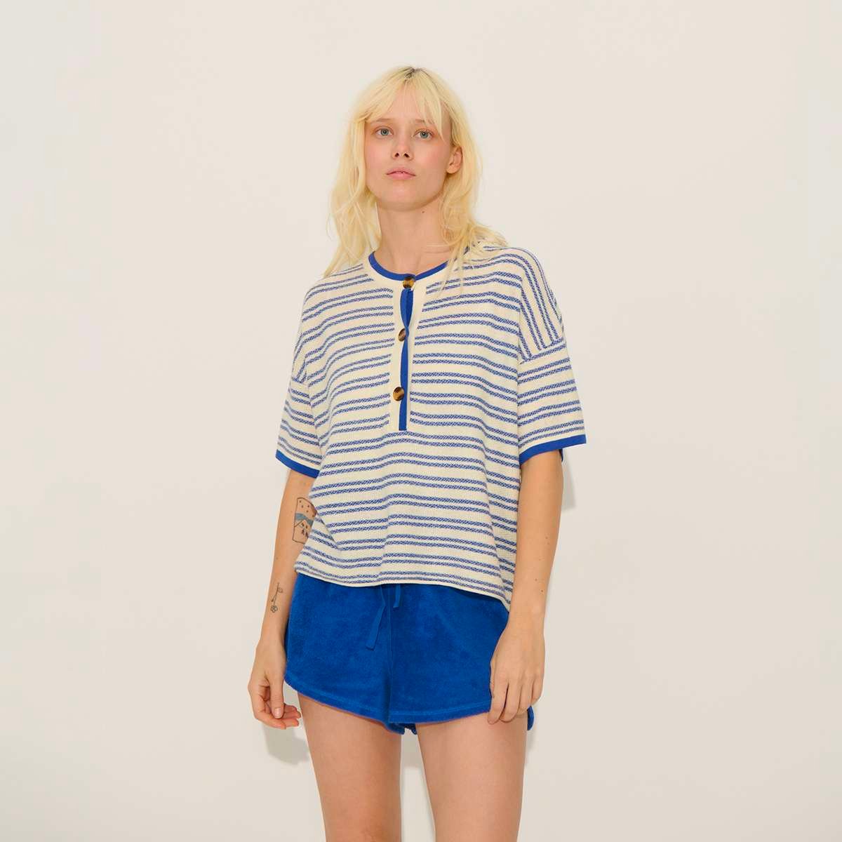 Pull marinière boutonné en lin et coton manches courtes PIERCE ivoire-marine, BENSIMON
