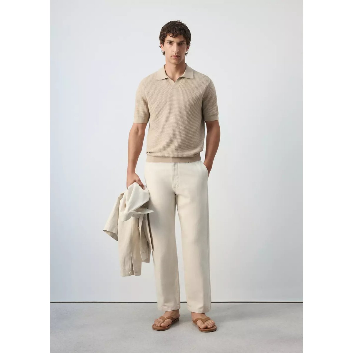 Polo 100 % coton maille structure beige, MANGO MAN