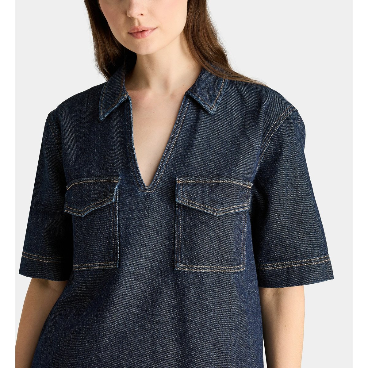 Robe digue droite et courte en denim de coton bleu foncé, GALERIES LAFAYETTE