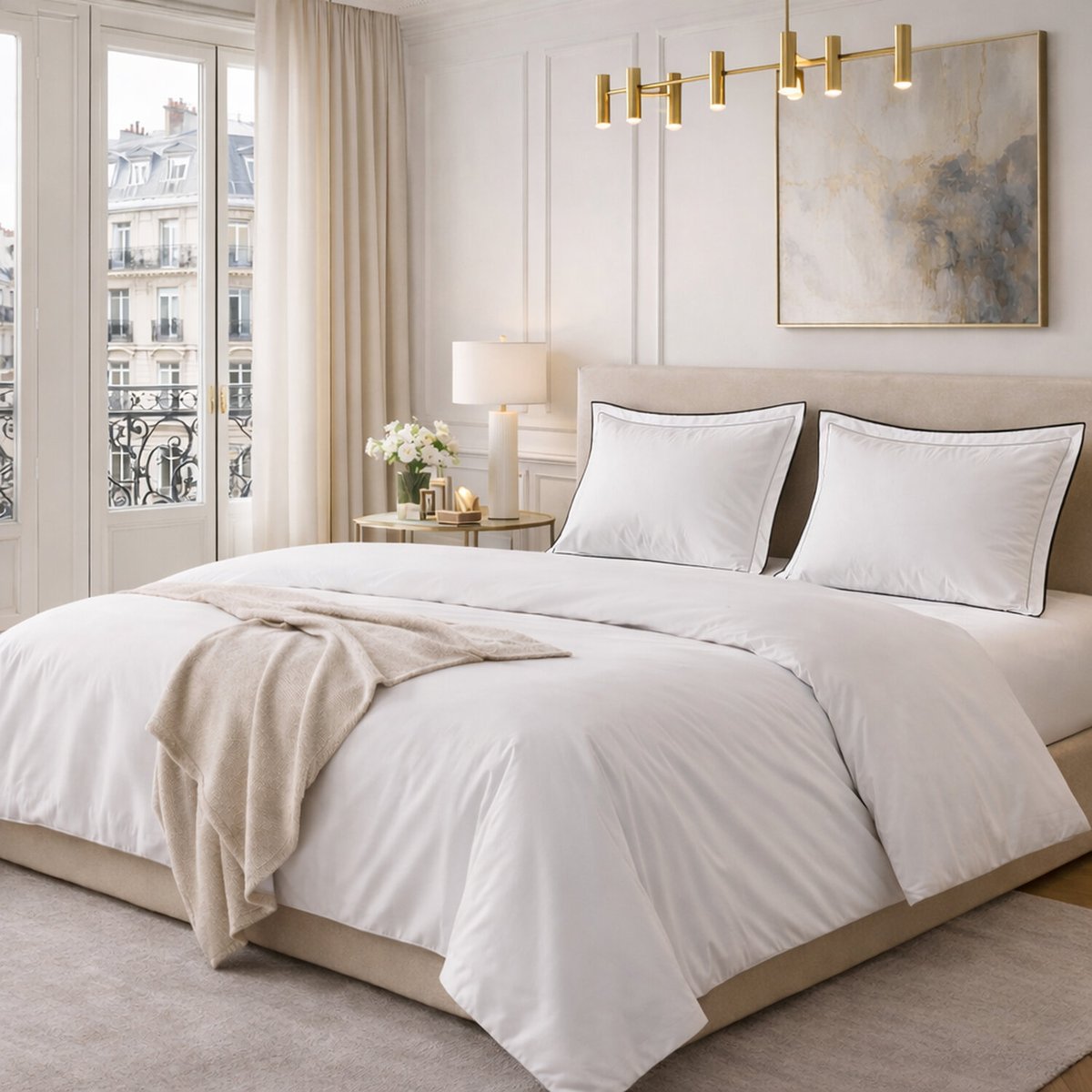 Parure housse de couette en satin de coton unie beige, TALIE blanc, C DESIGN HOME TEXTILE