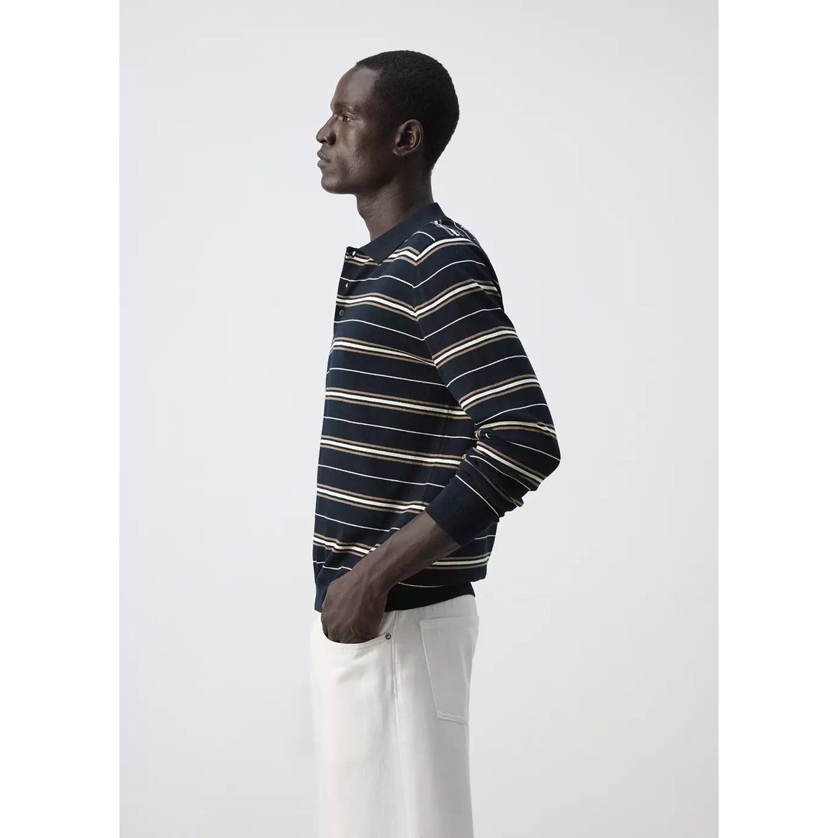 Polo 100 % coton maille fine à rayures bleu marine, MANGO MAN