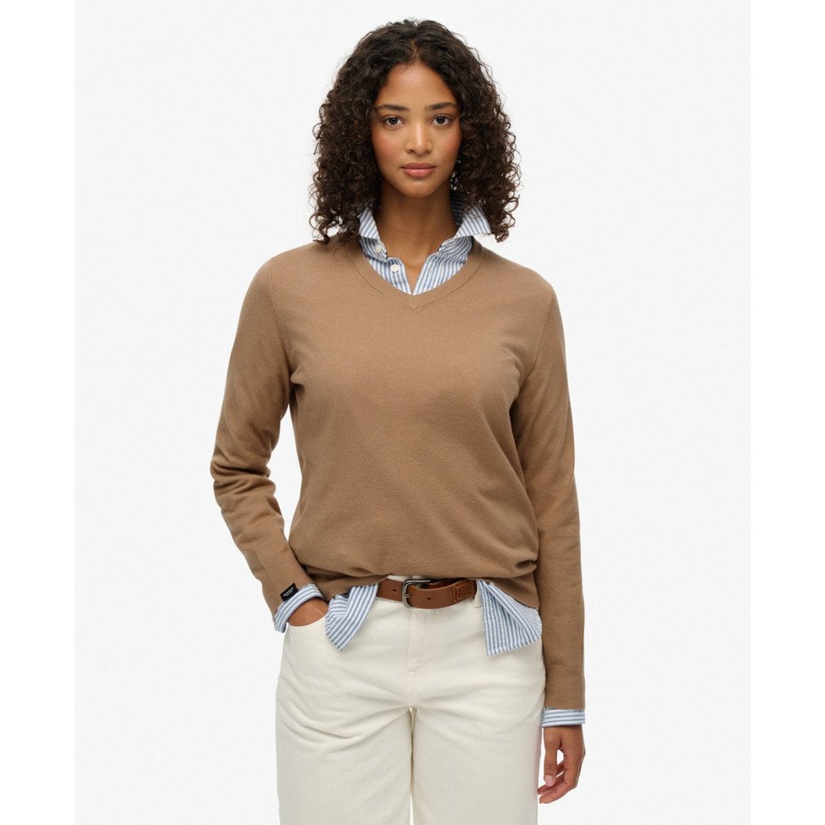 Pull à col en V classique taupe clair chiné, SUPERDRY