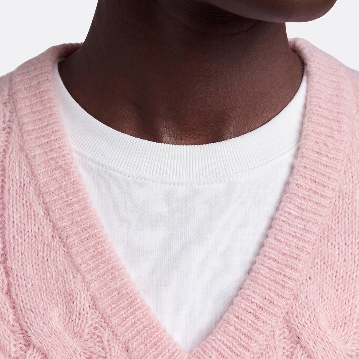 Pull sans manches col V torsadé en alpaga mélangé rose clair, LA REDOUTE COLLECTIONS