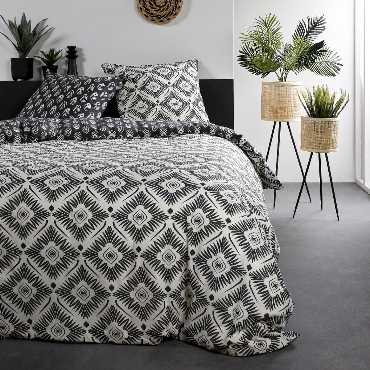 Parure de lit coton 2 personnes imprimé graphique SUNSHINE blanc, TODAY