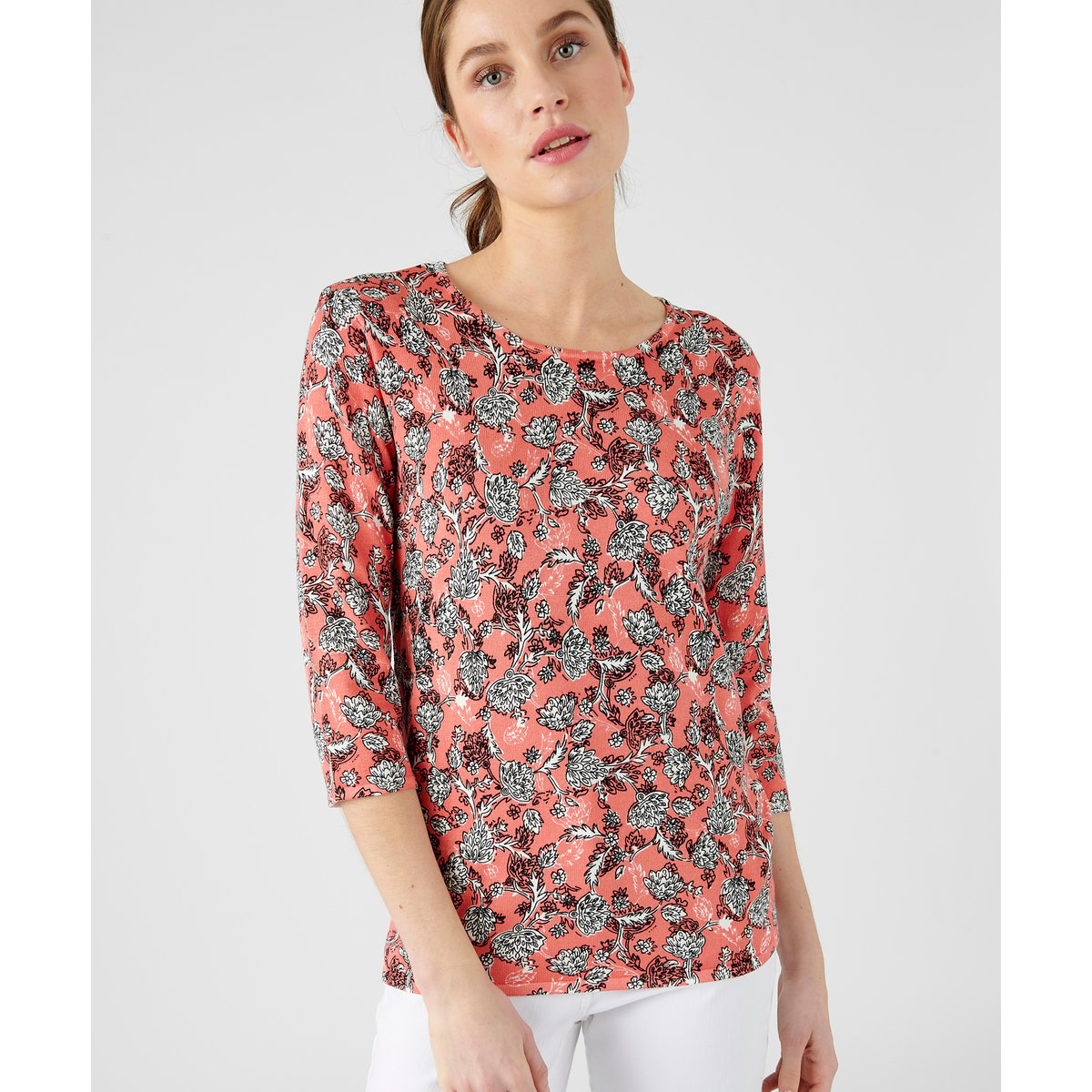 Pull maille fine manches 3/4 rose floral, DAMART