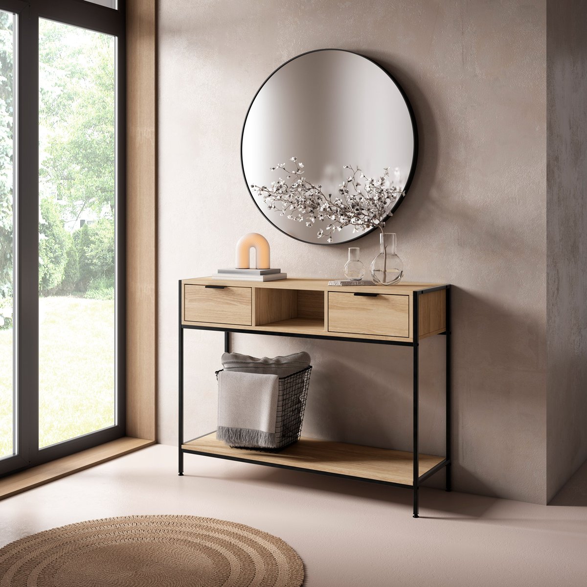 Console 2 tiroirs en placard et métal, ZENN chêne-gris graphite, HISPANOHOGAR