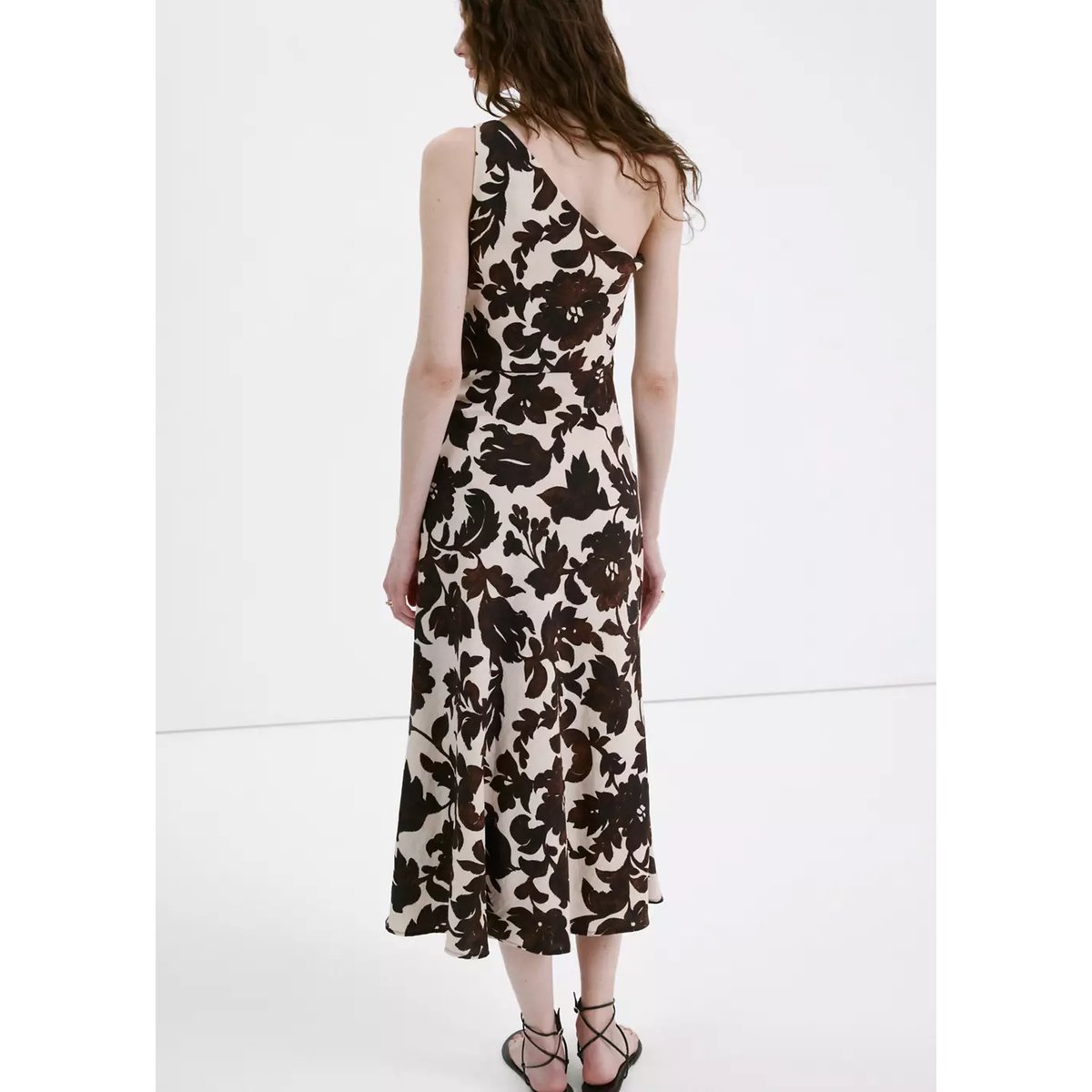 Robe asymétrique imprimé fleuri marron, MANGO