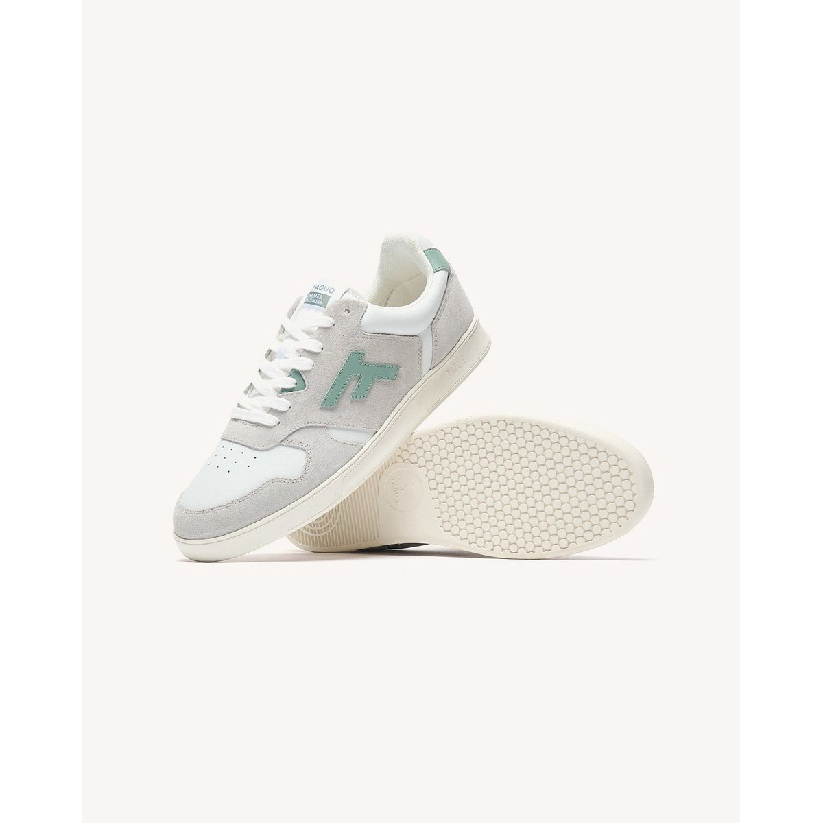 Baskets basses cuir suede PALMER blanc et vert clair, FAGUO