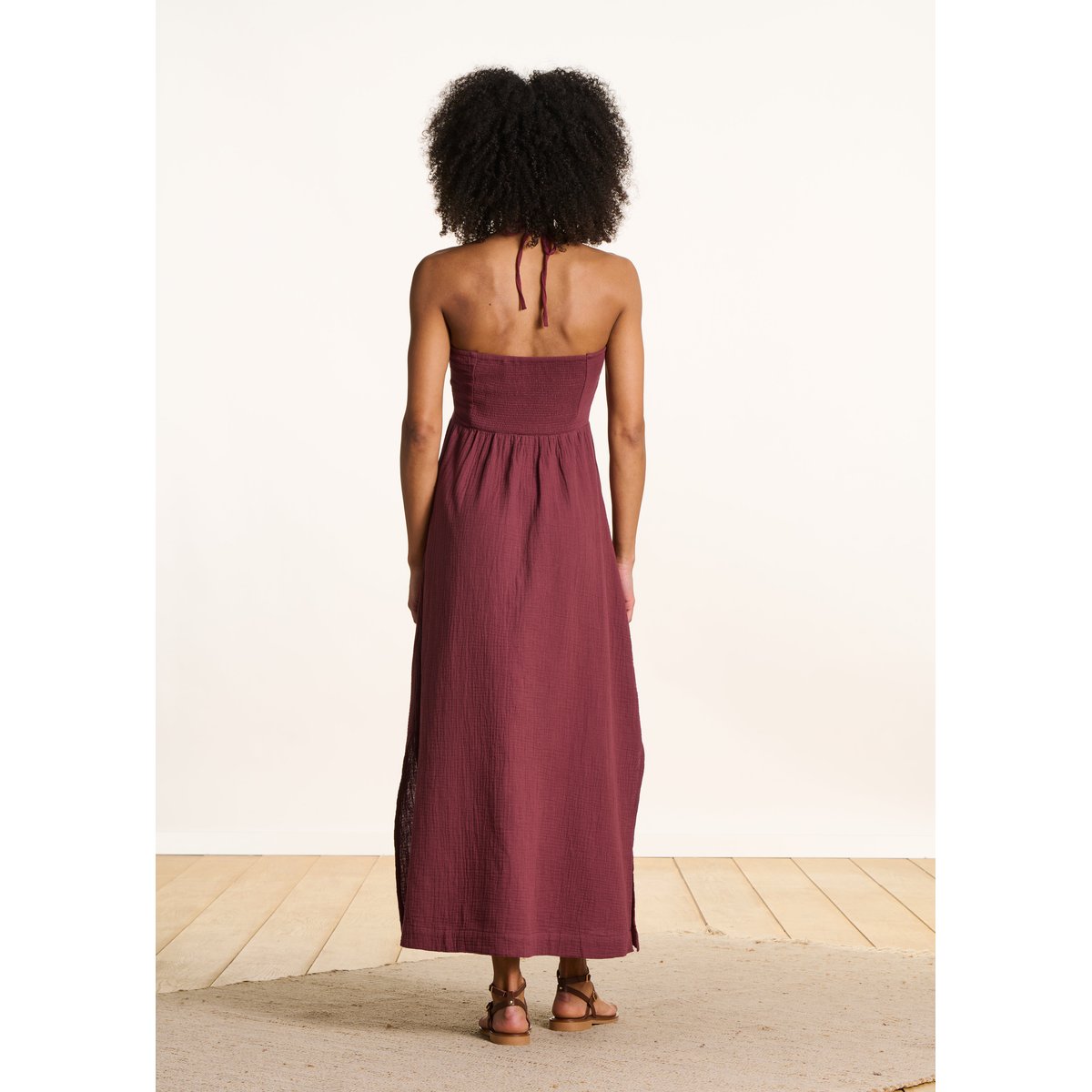 Robe longue bustier en gaze de coton brodée mahogany, LA FEE MARABOUTEE