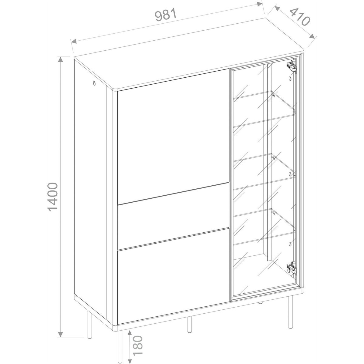 Vitrine haute EPIRO en bois avec éclairage LED beige cachemire, noir et chêne foncé, RECOLLECTION